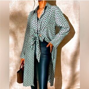 ZARA tie front Shirt Top Tunic Green Brown sz M